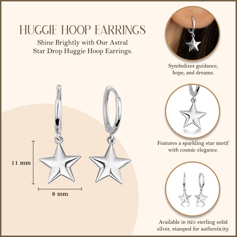 Sterling Silver Star Drop Huggie Hoop Earrings, view 3