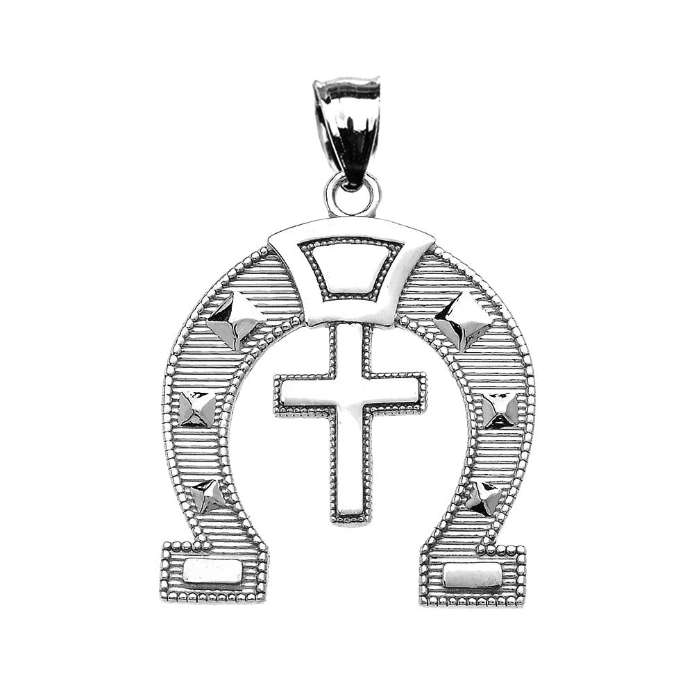 Sterling Silver Striped Horseshoe Cross Milgrain Pendant Necklace