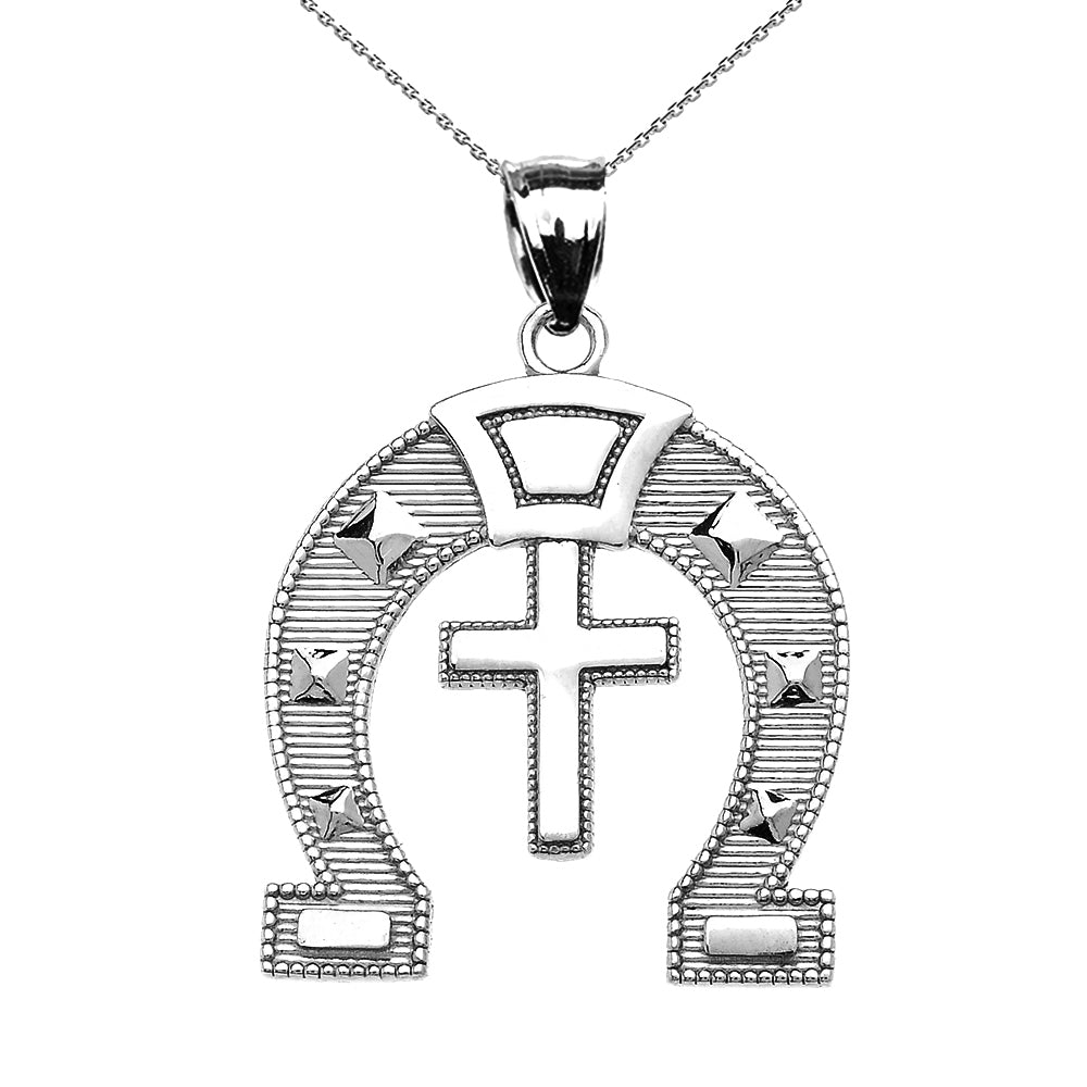 Sterling Silver Striped Horseshoe Cross Milgrain Pendant Necklace, view 2