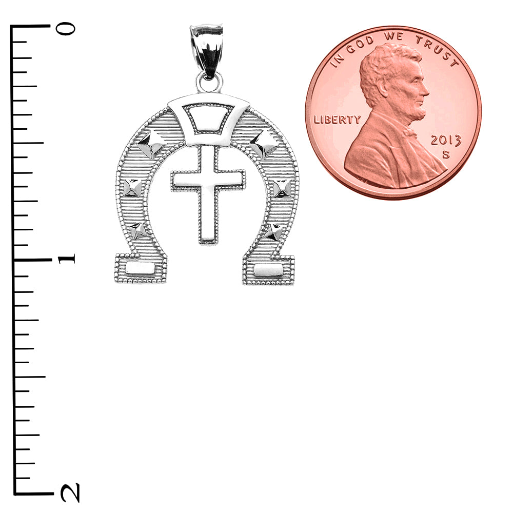 Sterling Silver Striped Horseshoe Cross Milgrain Pendant Necklace, view 3
