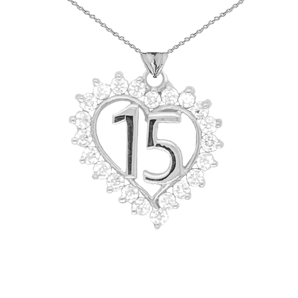 Sterling Silver Studded Cubic Zirconia Heart 15 Años Quinceañera Pendant Necklace