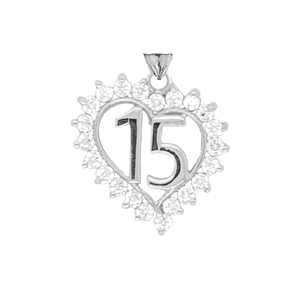 Sterling Silver Studded Cubic Zirconia Heart 15 Años Quinceañera Pendant Necklace, view 2