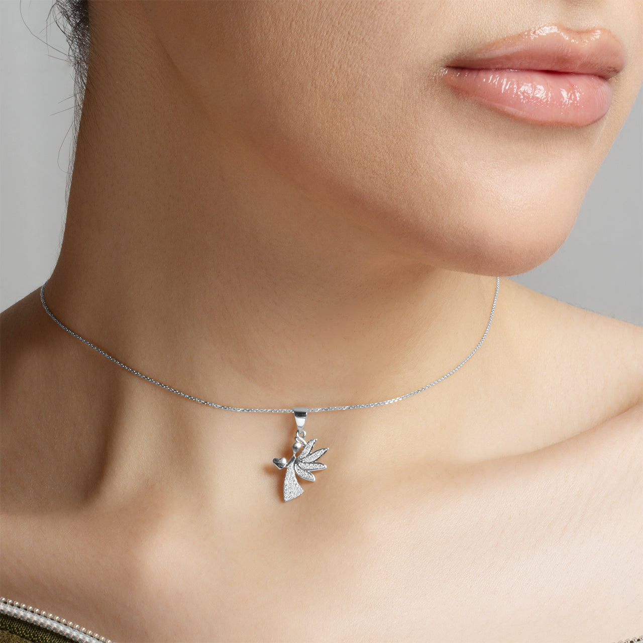 Sterling Silver Studded Guardian Angel Heart Pendant Necklace, view 2