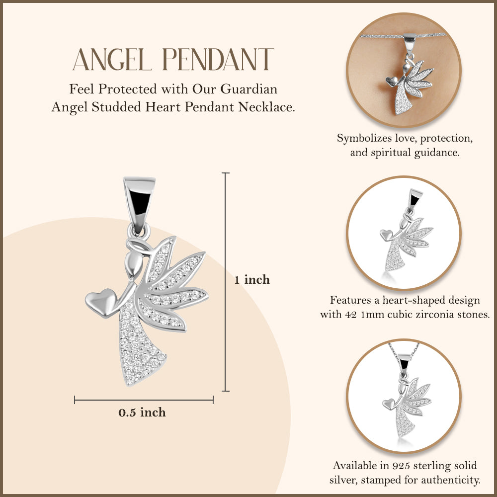 Sterling Silver Studded Guardian Angel Heart Pendant Necklace, view 3