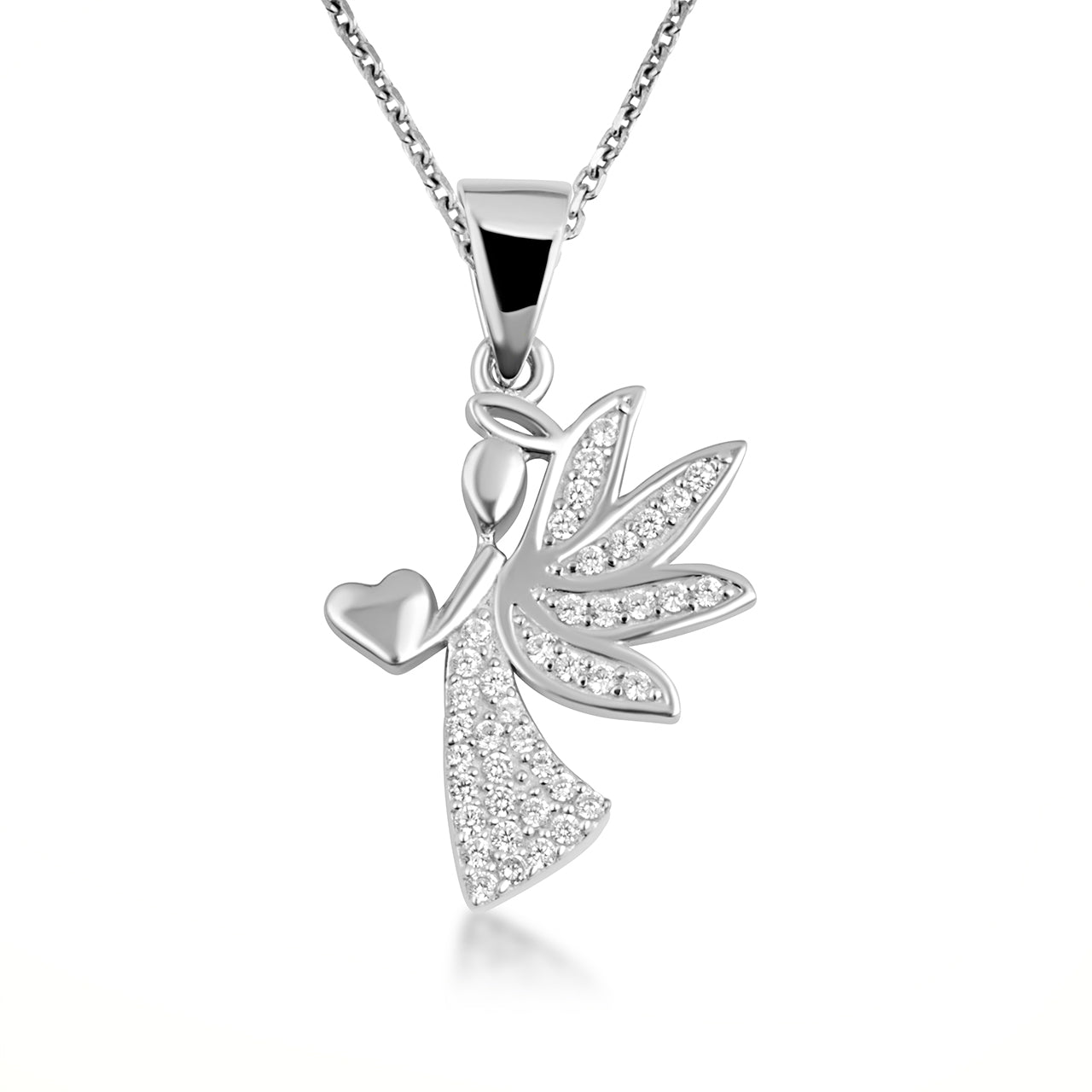 Sterling Silver Studded Guardian Angel Heart Pendant Necklace, view 4