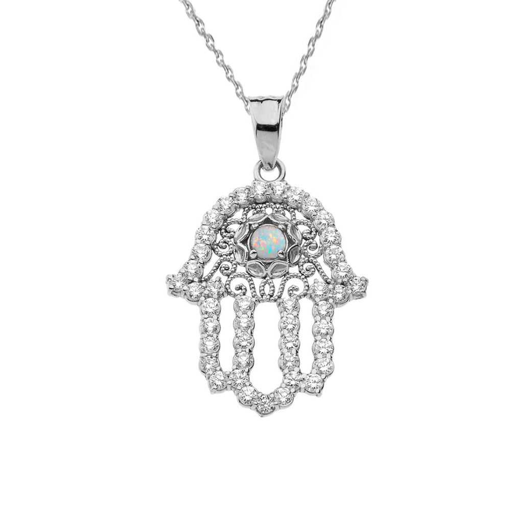 Sterling Silver Studded Hamsa Hand Opal Evil Eye Filigree Pendant Necklace