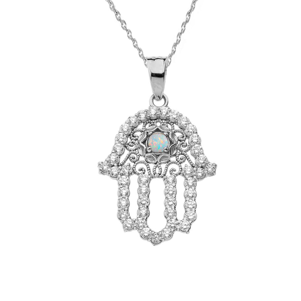 Sterling Silver Studded Hamsa Hand Opal Evil Eye Filigree Pendant Necklace