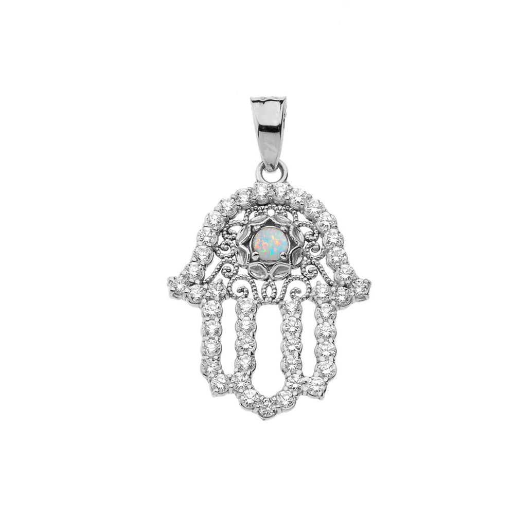 Sterling Silver Studded Hamsa Hand Opal Evil Eye Filigree Pendant Necklace, view 2