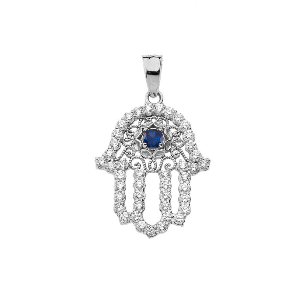 Sterling Silver Studded Hamsa Hand Sapphire Evil Eye Filigree Pendant Necklace