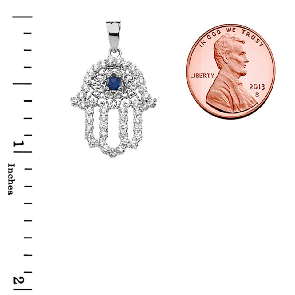 Sterling Silver Studded Hamsa Hand Sapphire Evil Eye Filigree Pendant Necklace, view 3