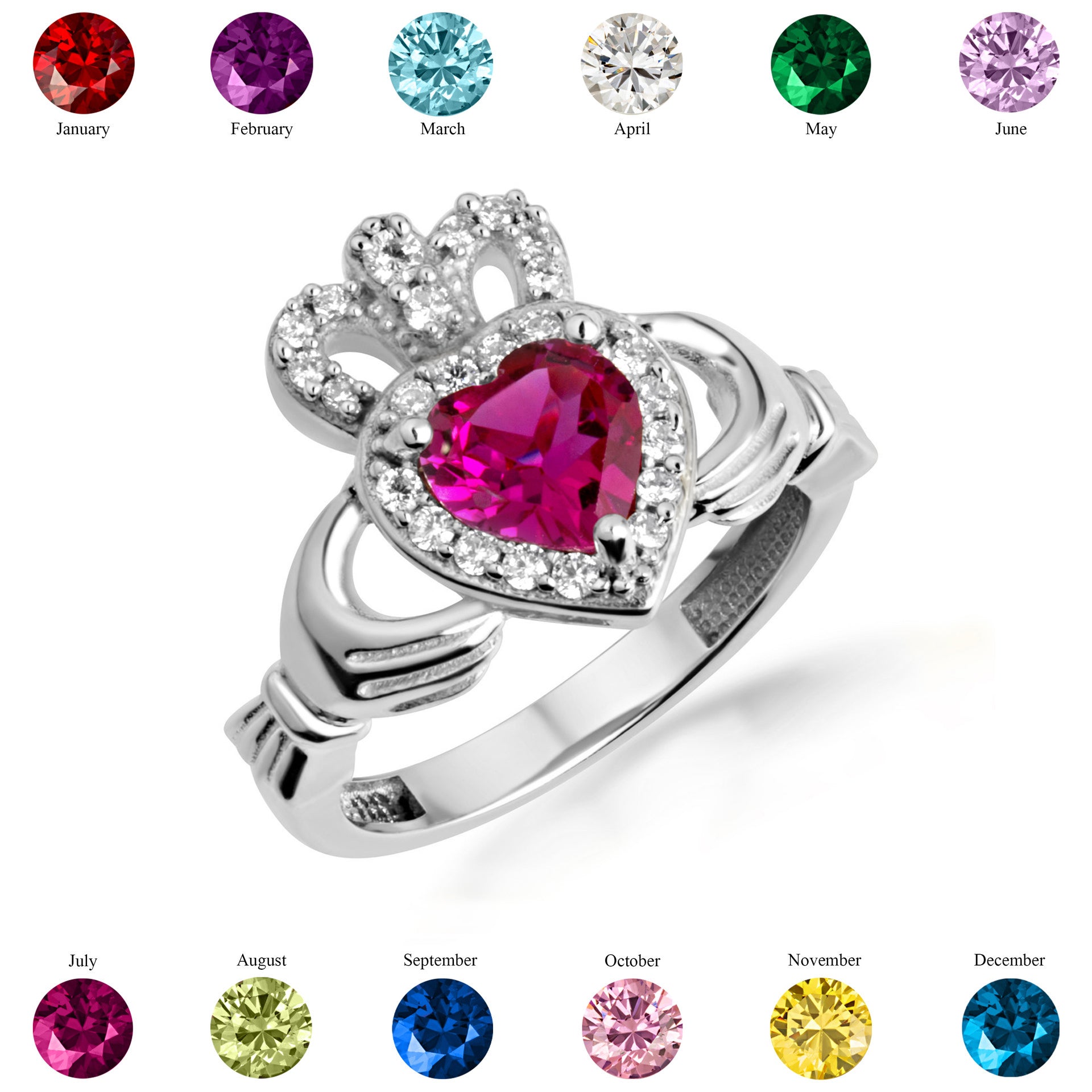 Sterling Silver Studded Irish Celtic Claddagh Crown Heart Birthstone Ring