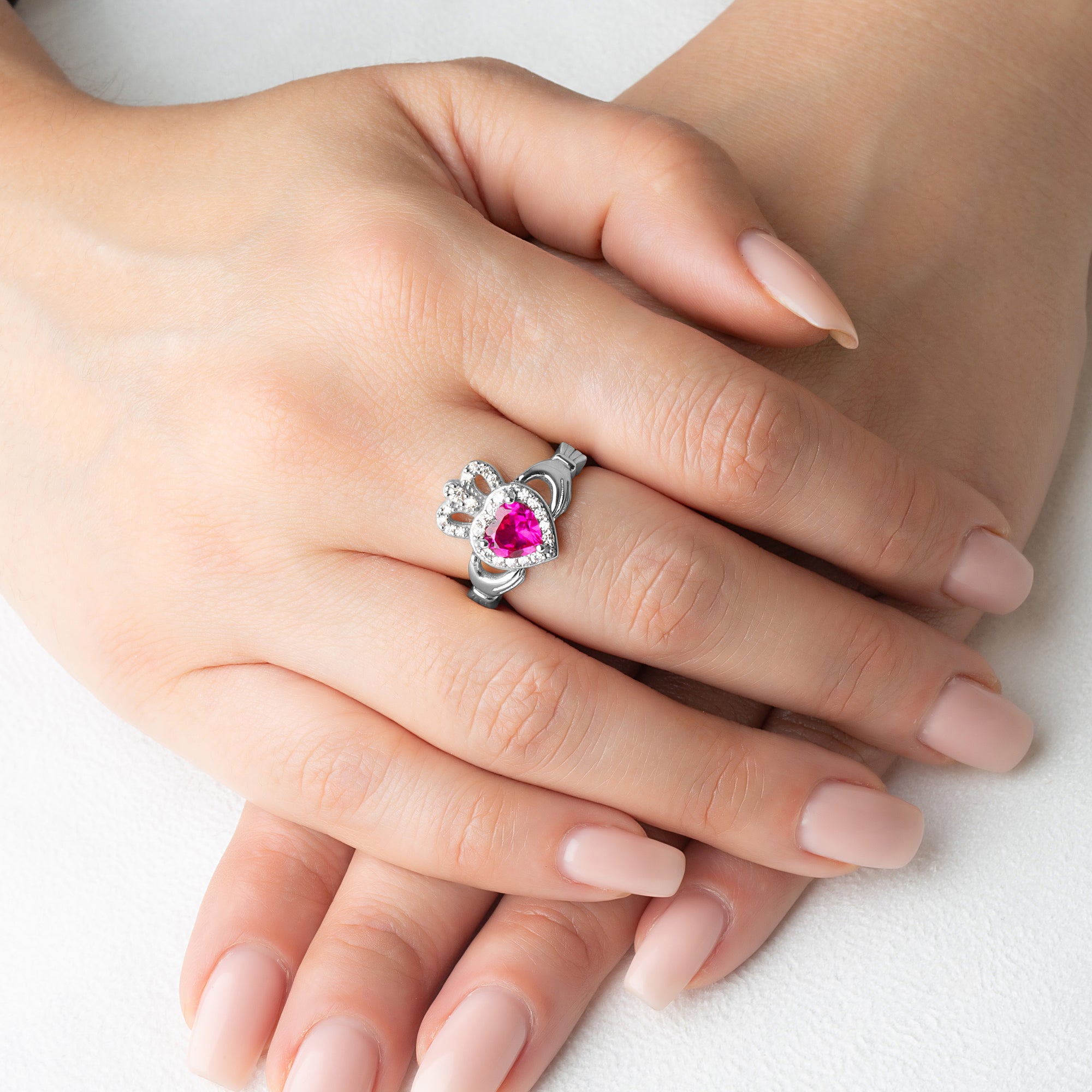 Sterling Silver Studded Irish Celtic Claddagh Crown Heart Birthstone Ring, view 2