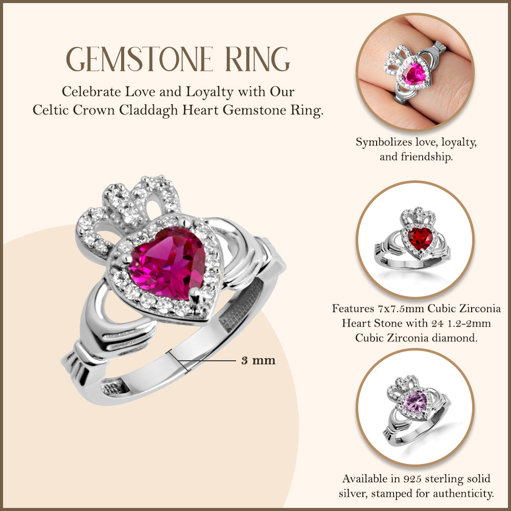 Sterling Silver Studded Irish Celtic Claddagh Crown Heart Birthstone Ring, view 3