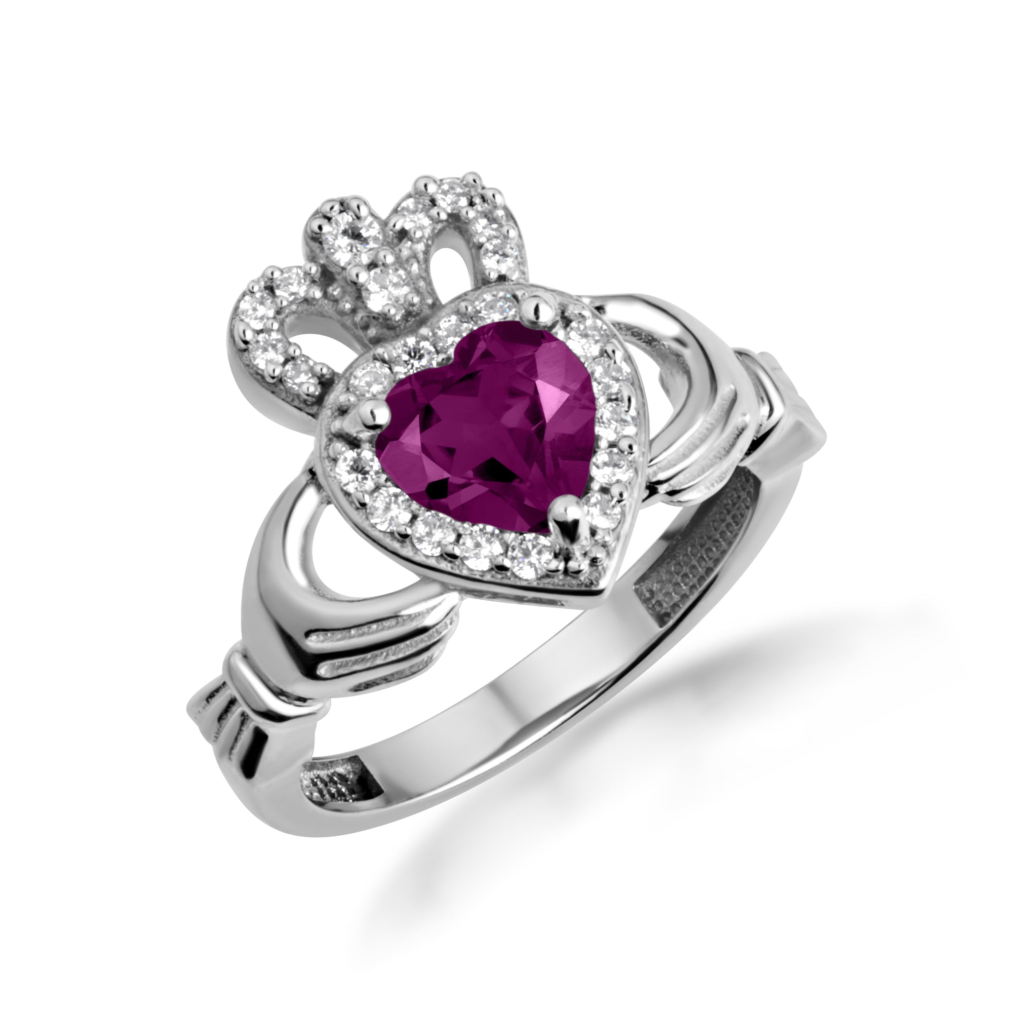 Sterling Silver Studded Irish Celtic Claddagh Crown Heart Birthstone Ring, view 5
