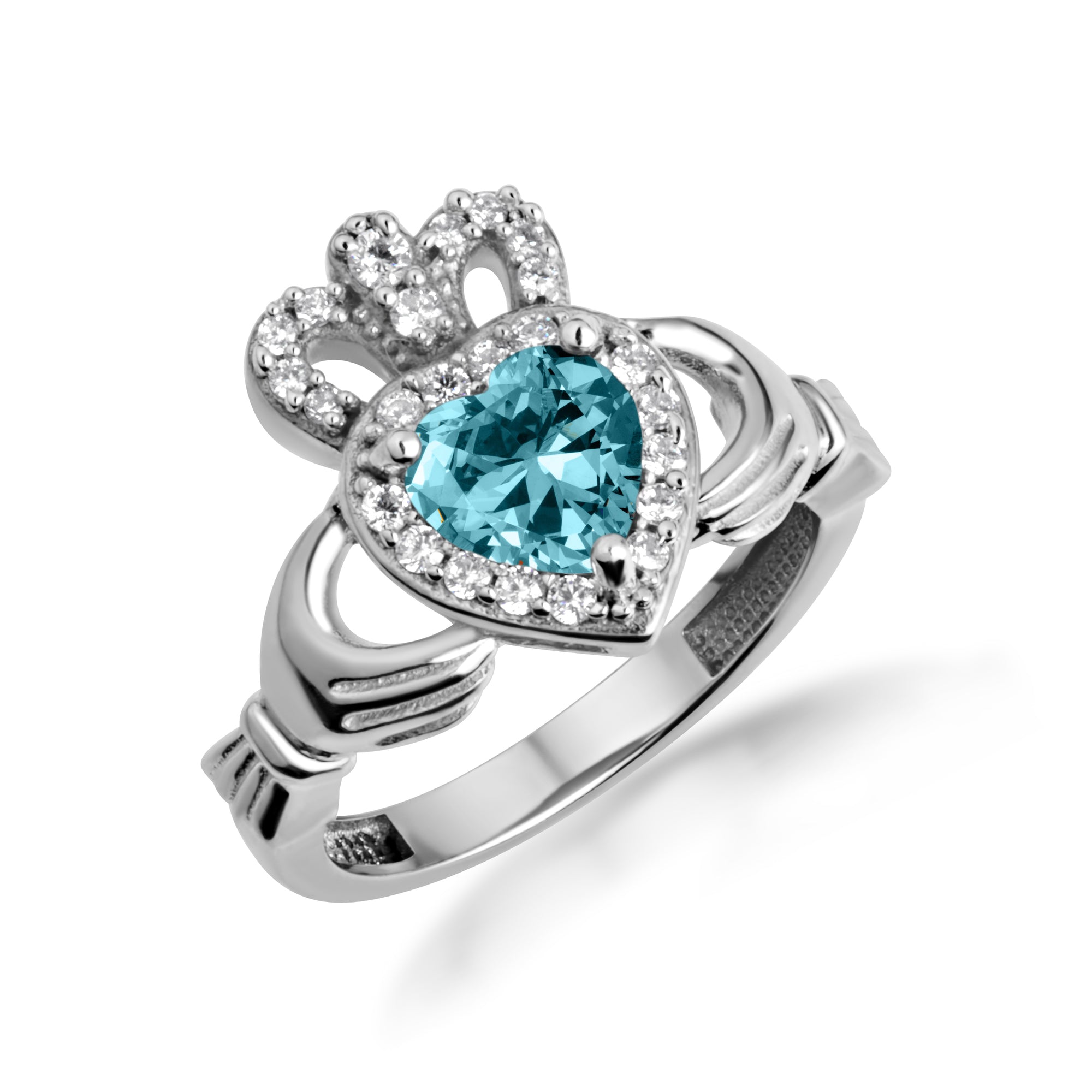 Sterling Silver Studded Irish Celtic Claddagh Crown Heart Birthstone Ring, view 6