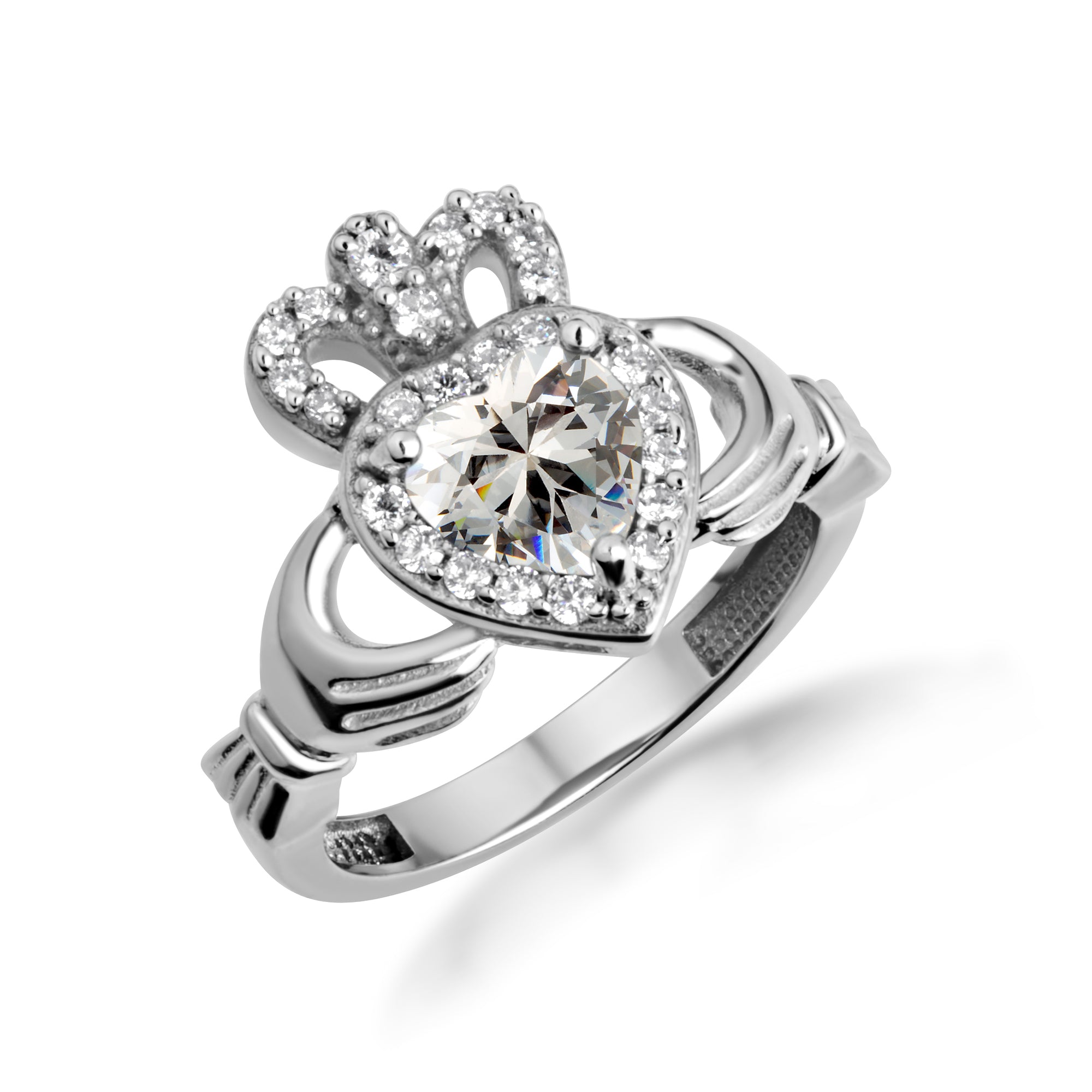 Sterling Silver Studded Irish Celtic Claddagh Crown Heart Birthstone Ring, view 7