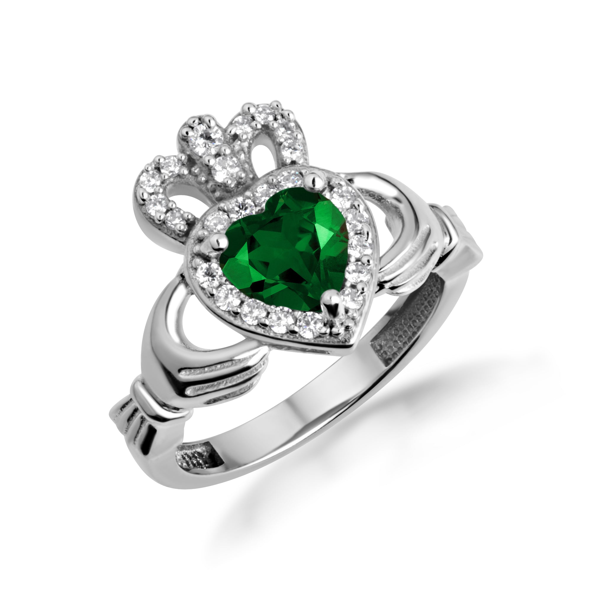 Sterling Silver Studded Irish Celtic Claddagh Crown Heart Birthstone Ring, view 8
