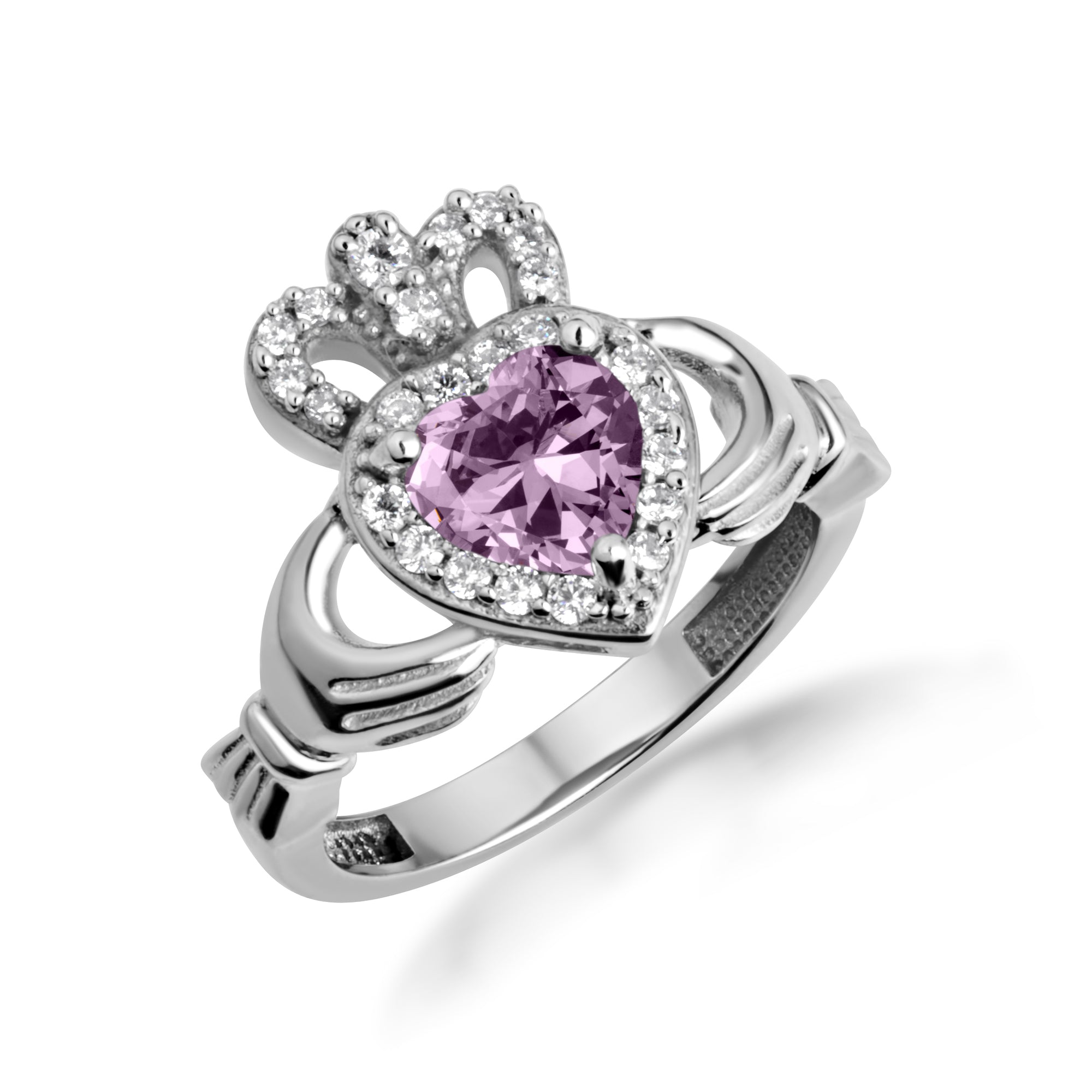 Sterling Silver Studded Irish Celtic Claddagh Crown Heart Birthstone Ring, view 9