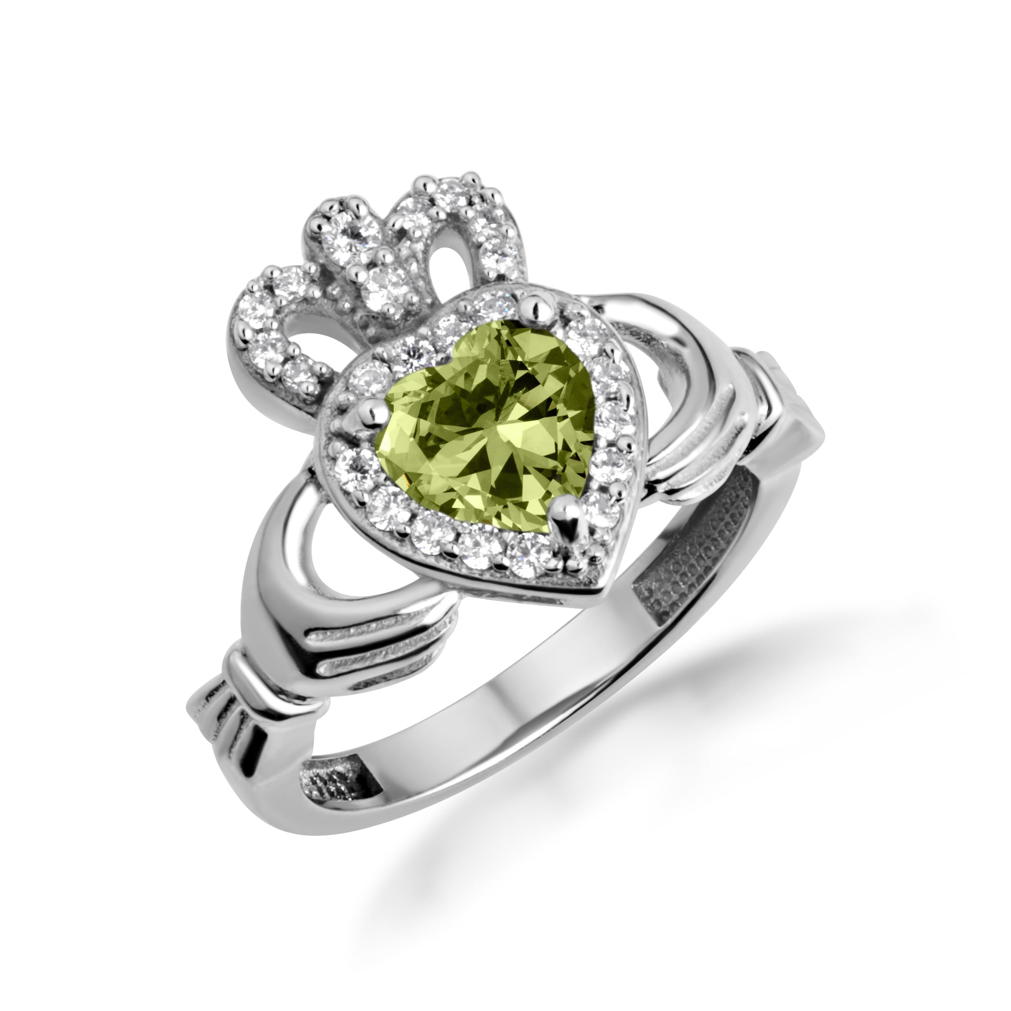Sterling Silver Studded Irish Celtic Claddagh Crown Heart Birthstone Ring, view 11
