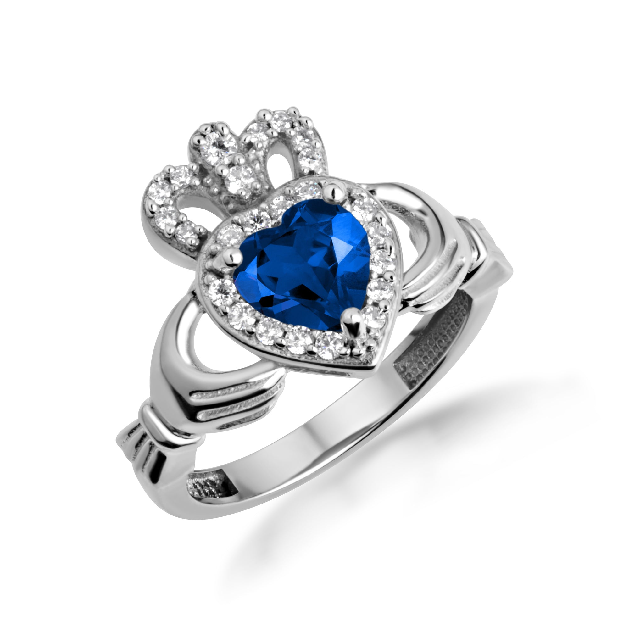 Sterling Silver Studded Irish Celtic Claddagh Crown Heart Birthstone Ring, view 12
