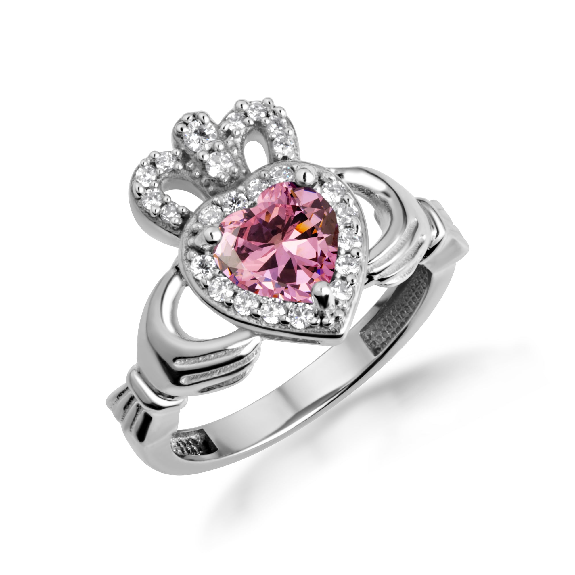 Sterling Silver Studded Irish Celtic Claddagh Crown Heart Birthstone Ring, view 13