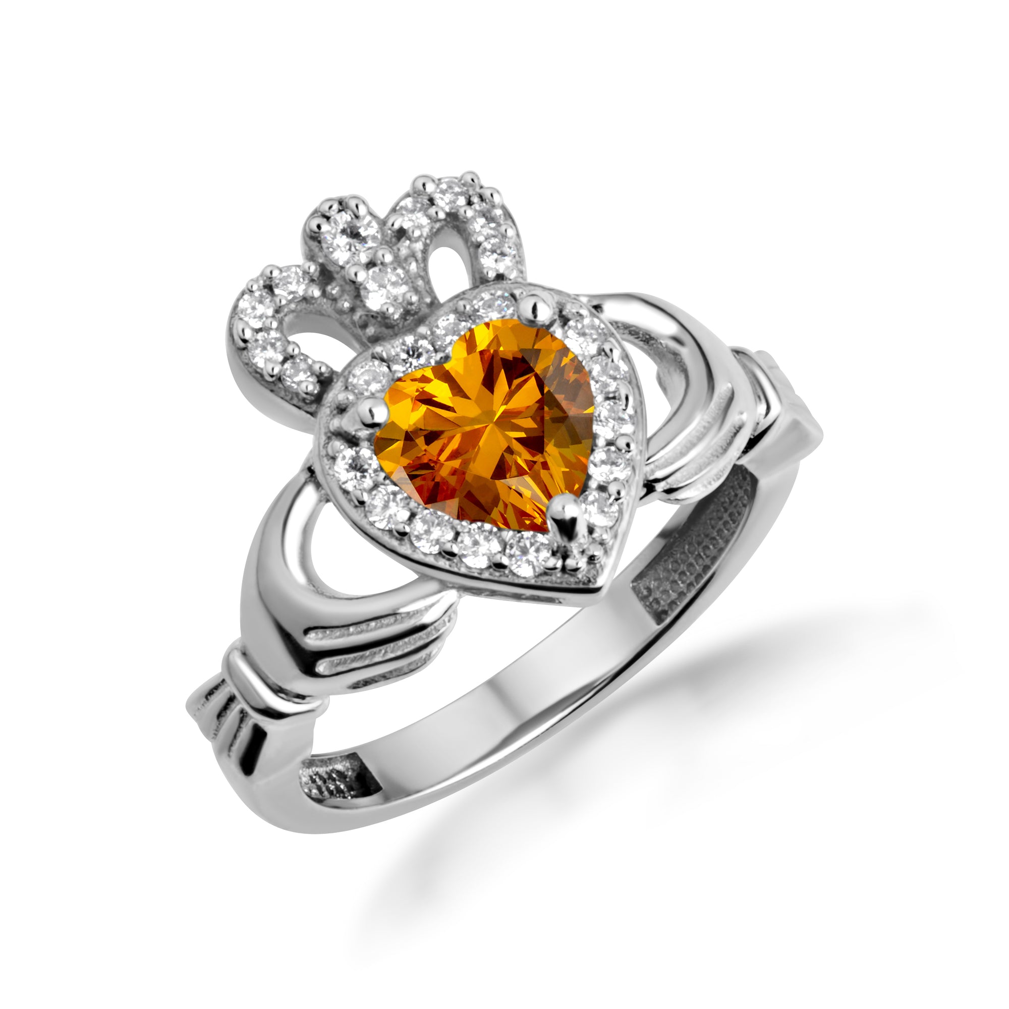 Sterling Silver Studded Irish Celtic Claddagh Crown Heart Birthstone Ring, view 14