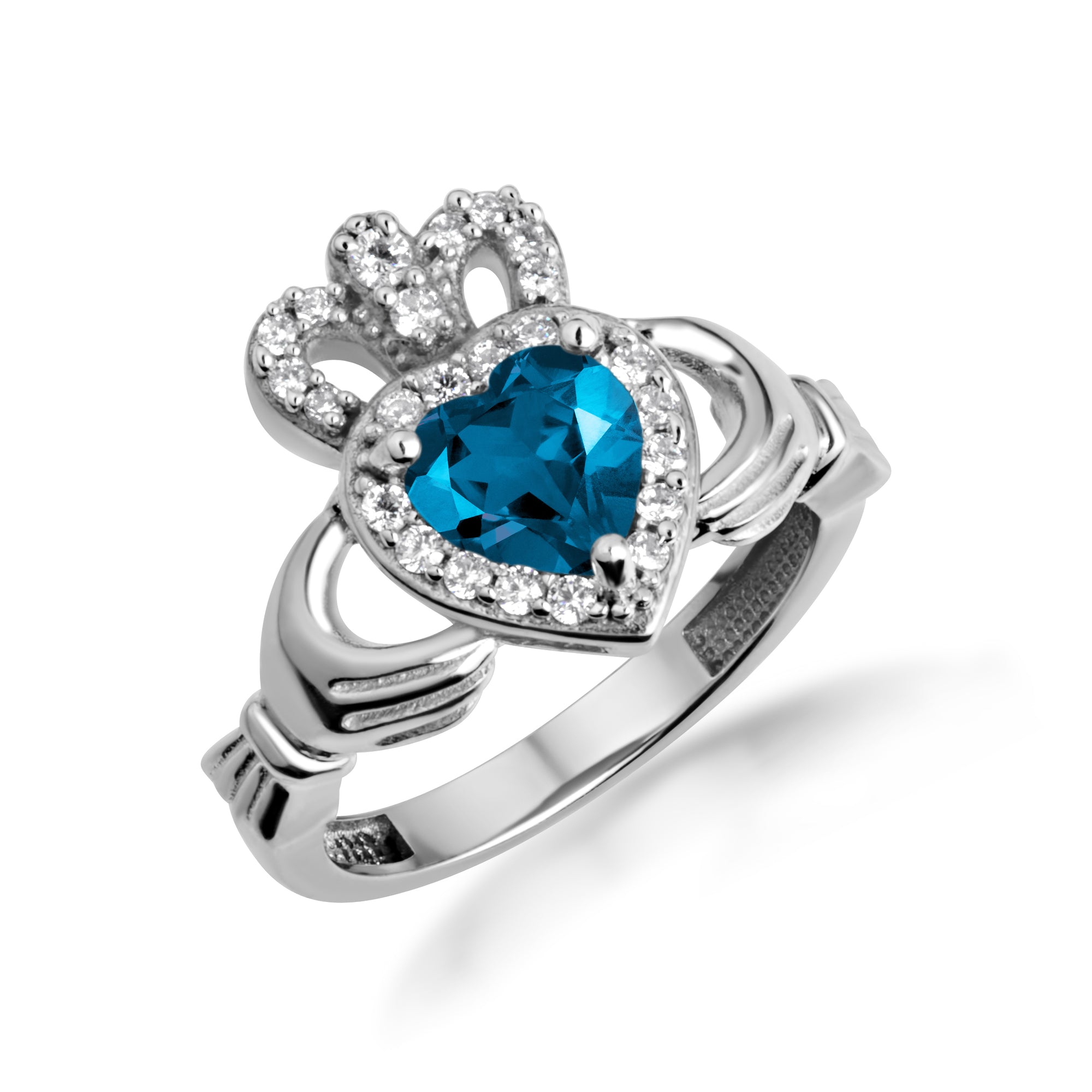 Sterling Silver Studded Irish Celtic Claddagh Crown Heart Birthstone Ring, view 15