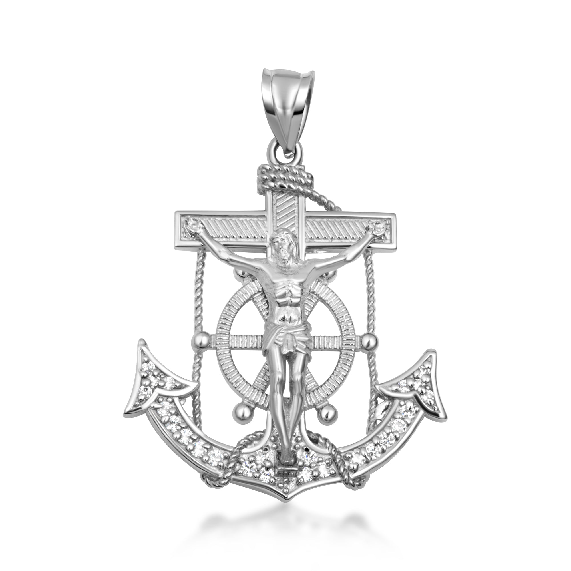 Sterling Silver Studded Mariner CZ Cross Crucifix Anchor Jesus Christ Pendant Necklace