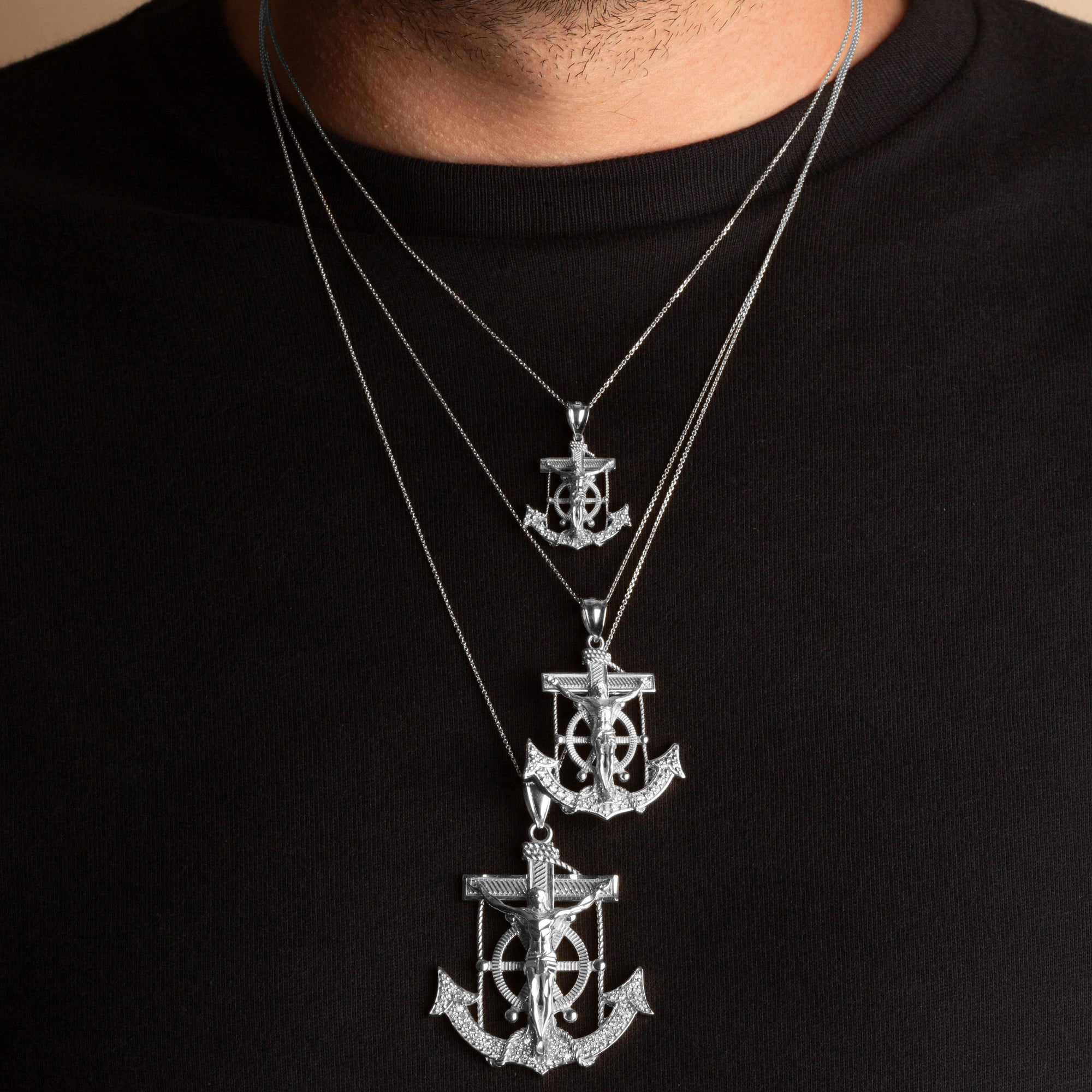 Sterling Silver Studded Mariner CZ Cross Crucifix Anchor Jesus Christ Pendant Necklace, view 2