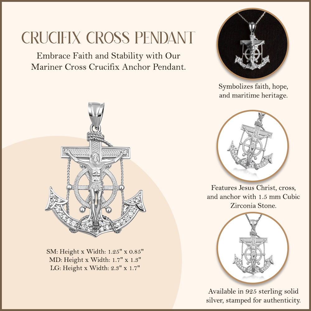 Sterling Silver Studded Mariner CZ Cross Crucifix Anchor Jesus Christ Pendant Necklace, view 3