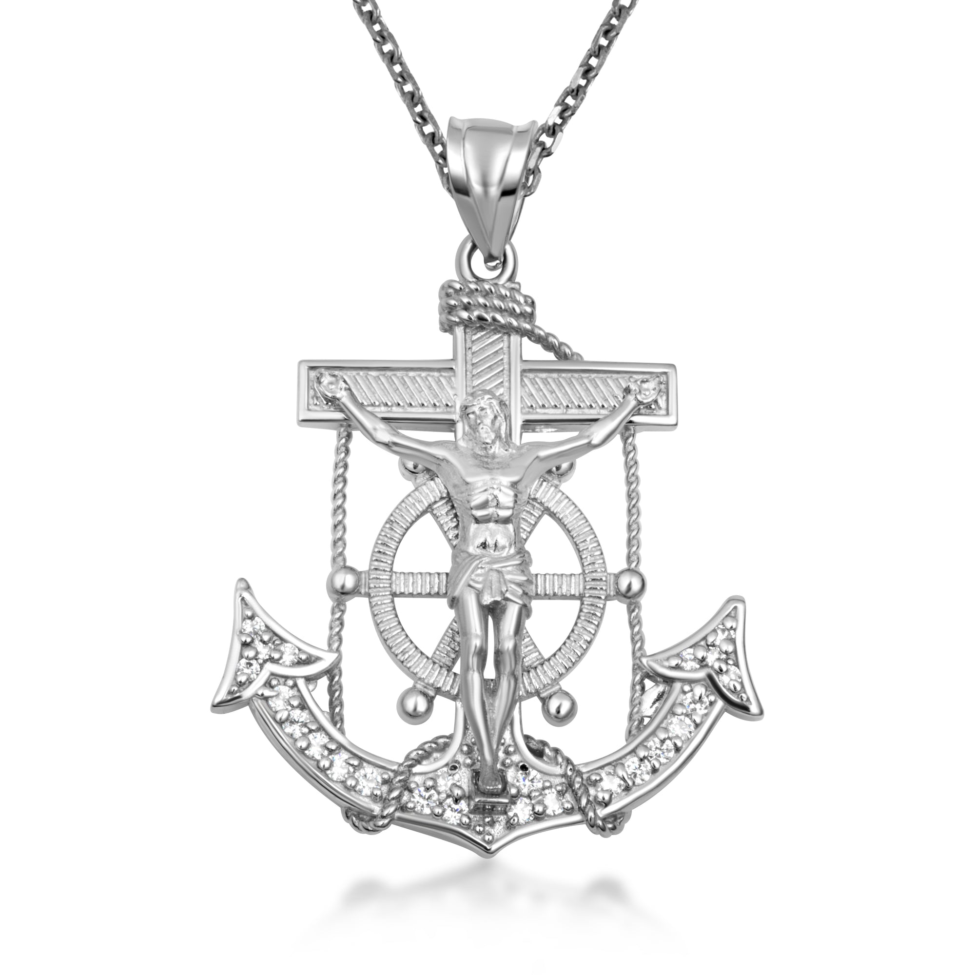 Sterling Silver Studded Mariner CZ Cross Crucifix Anchor Jesus Christ Pendant Necklace, view 4