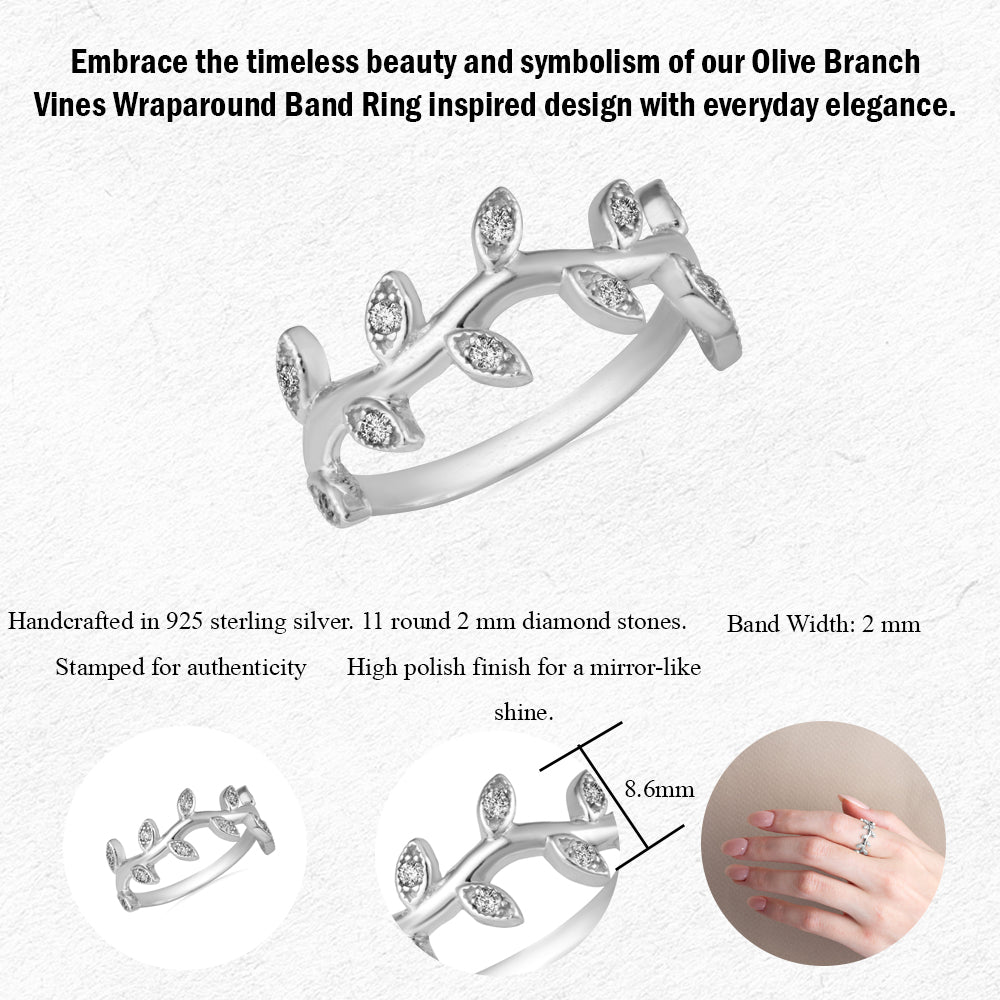 Sterling Silver Studded Olive Branch Vines Band Ring, view 3