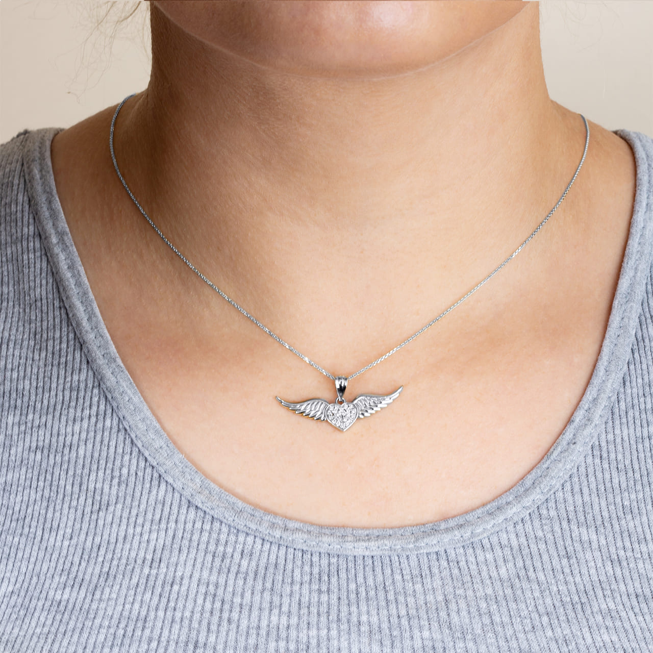 Sterling Silver Studded Winged Heart Pendant Necklace, view 2