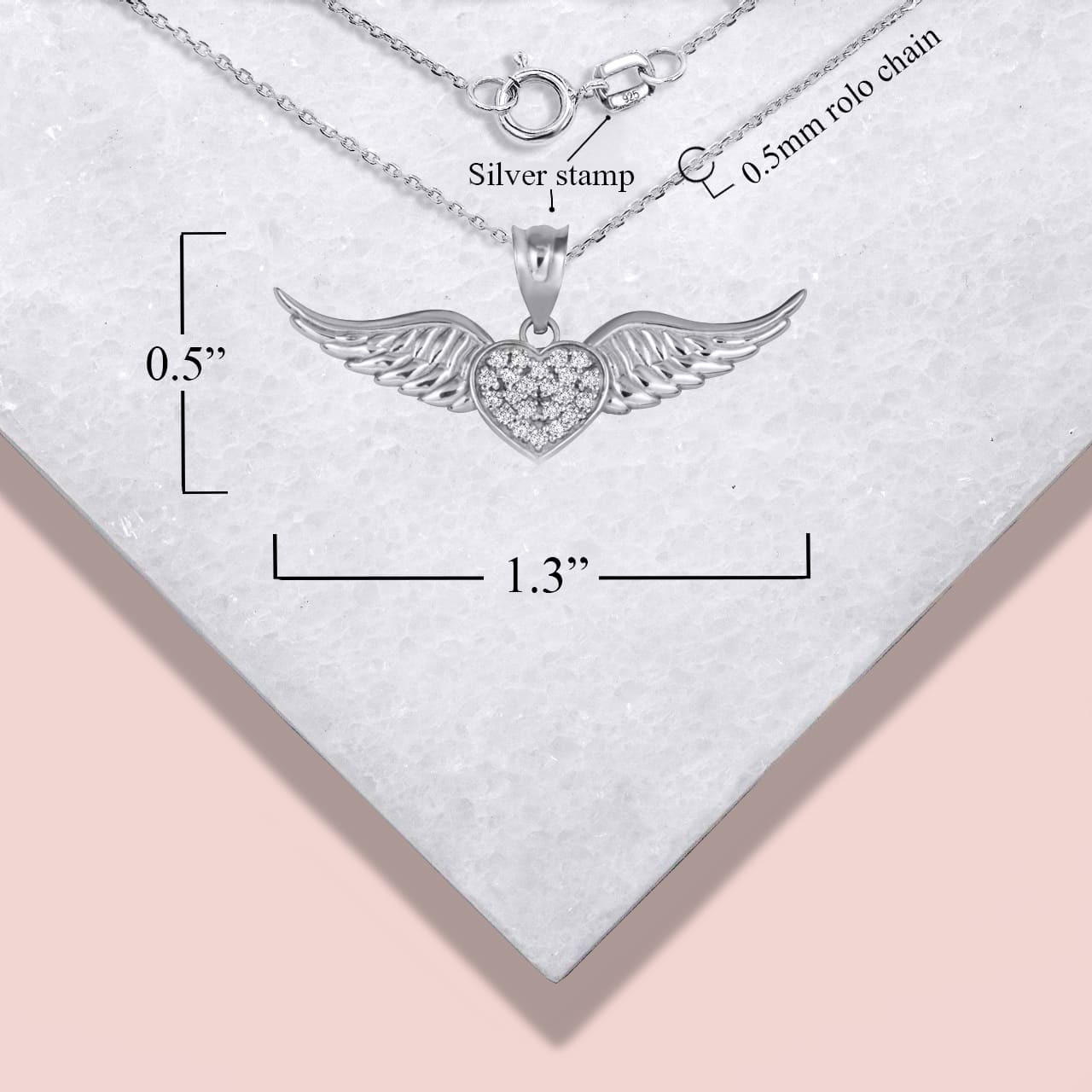 Sterling Silver Studded Winged Heart Pendant Necklace, view 3
