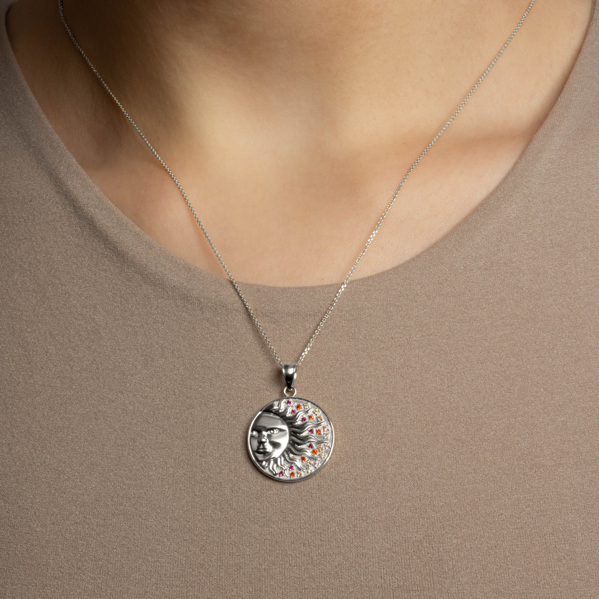 Sterling Silver Sun Face Multi Color Birthstone Star Medallion Pendant Necklace, view 2
