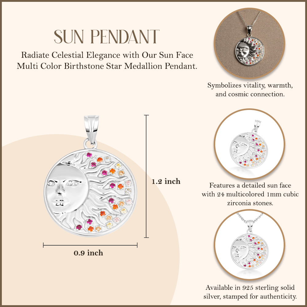 Sterling Silver Sun Face Multi Color Birthstone Star Medallion Pendant Necklace, view 3