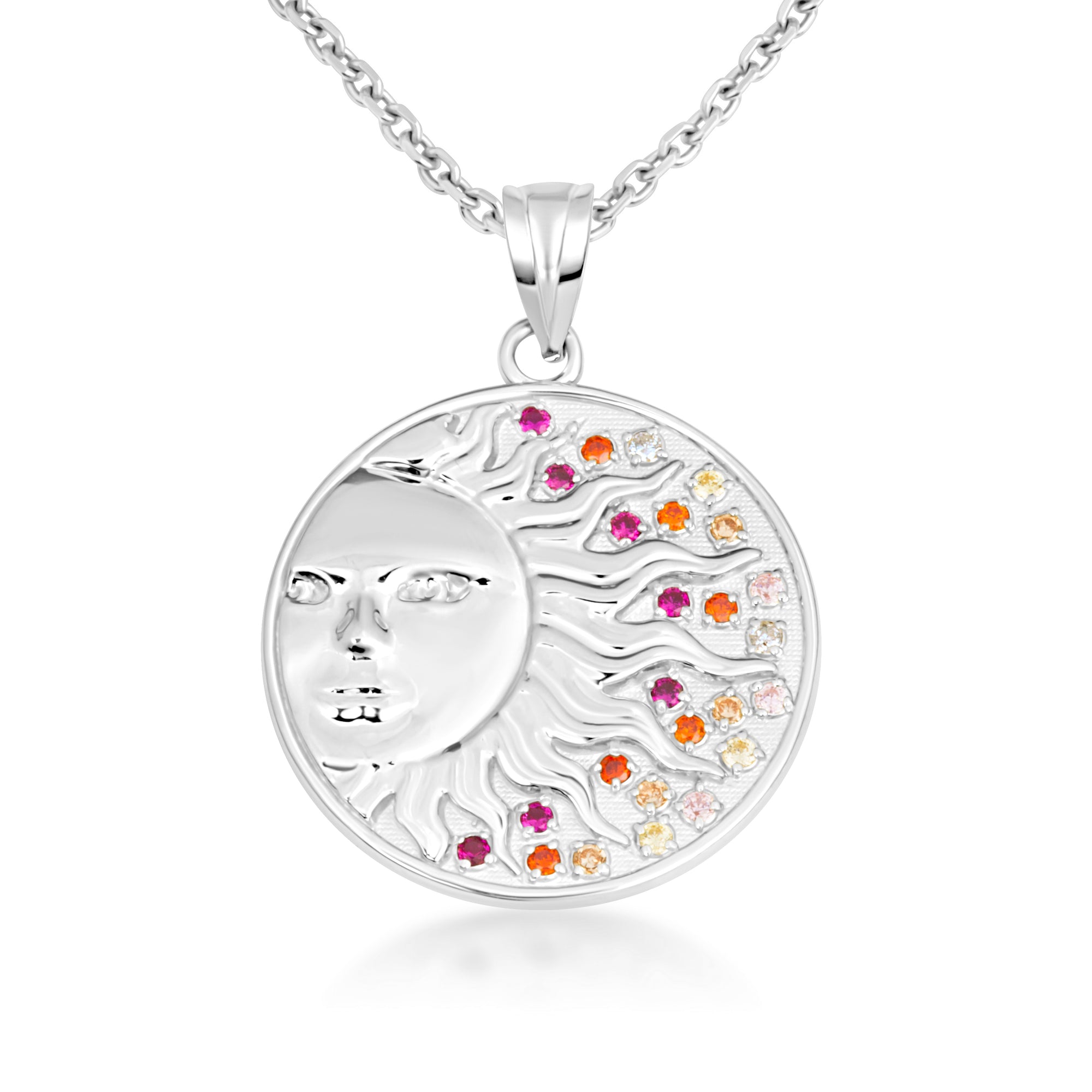 Sterling Silver Sun Face Multi Color Birthstone Star Medallion Pendant Necklace, view 4