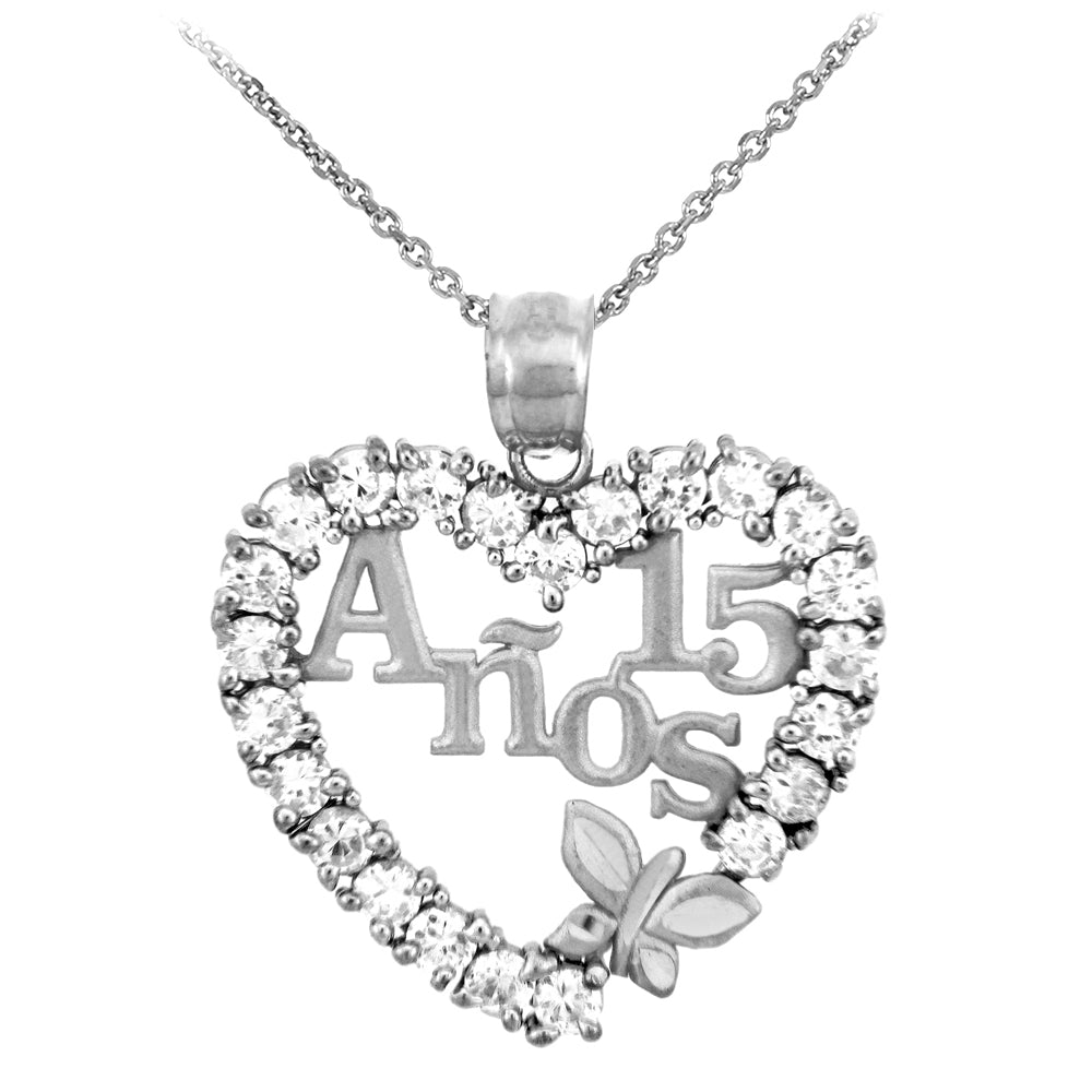 Sterling Silver Sweet Cubic Zirconia Heart 15 Años Butterfly Quinceañera Pendant Necklace