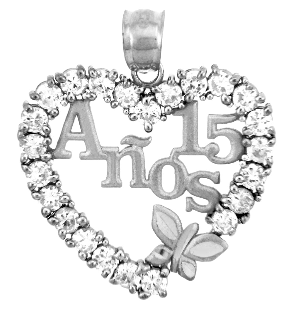 Sterling Silver Sweet Cubic Zirconia Heart 15 Años Butterfly Quinceañera Pendant Necklace, view 2