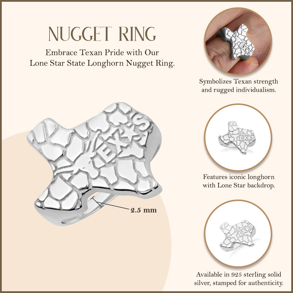 Sterling Silver Texas Lone Star State Longhorn Nugget Ring, view 3