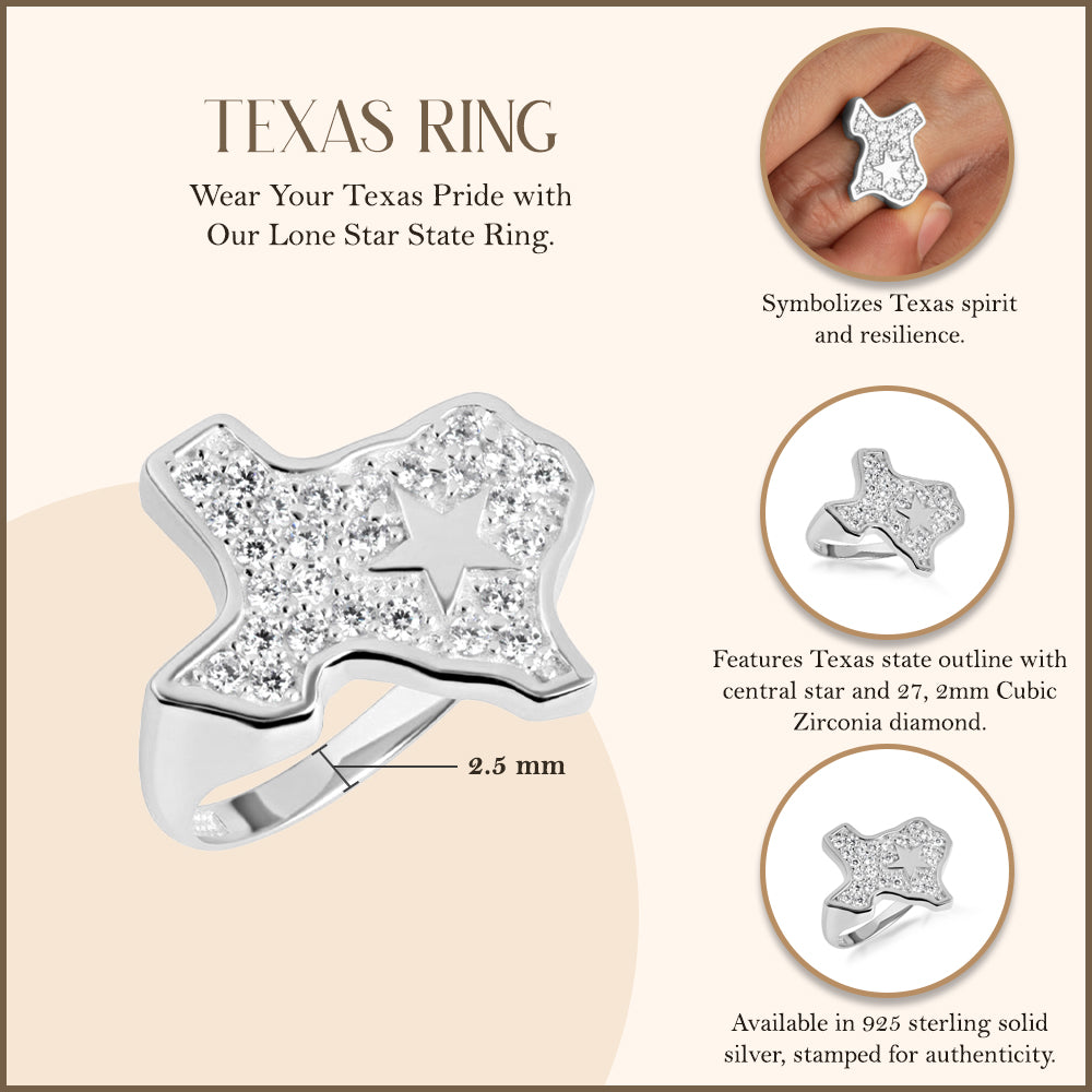 Sterling Silver Texas Lone Star State Map Cubic Zirconia Ring, view 3