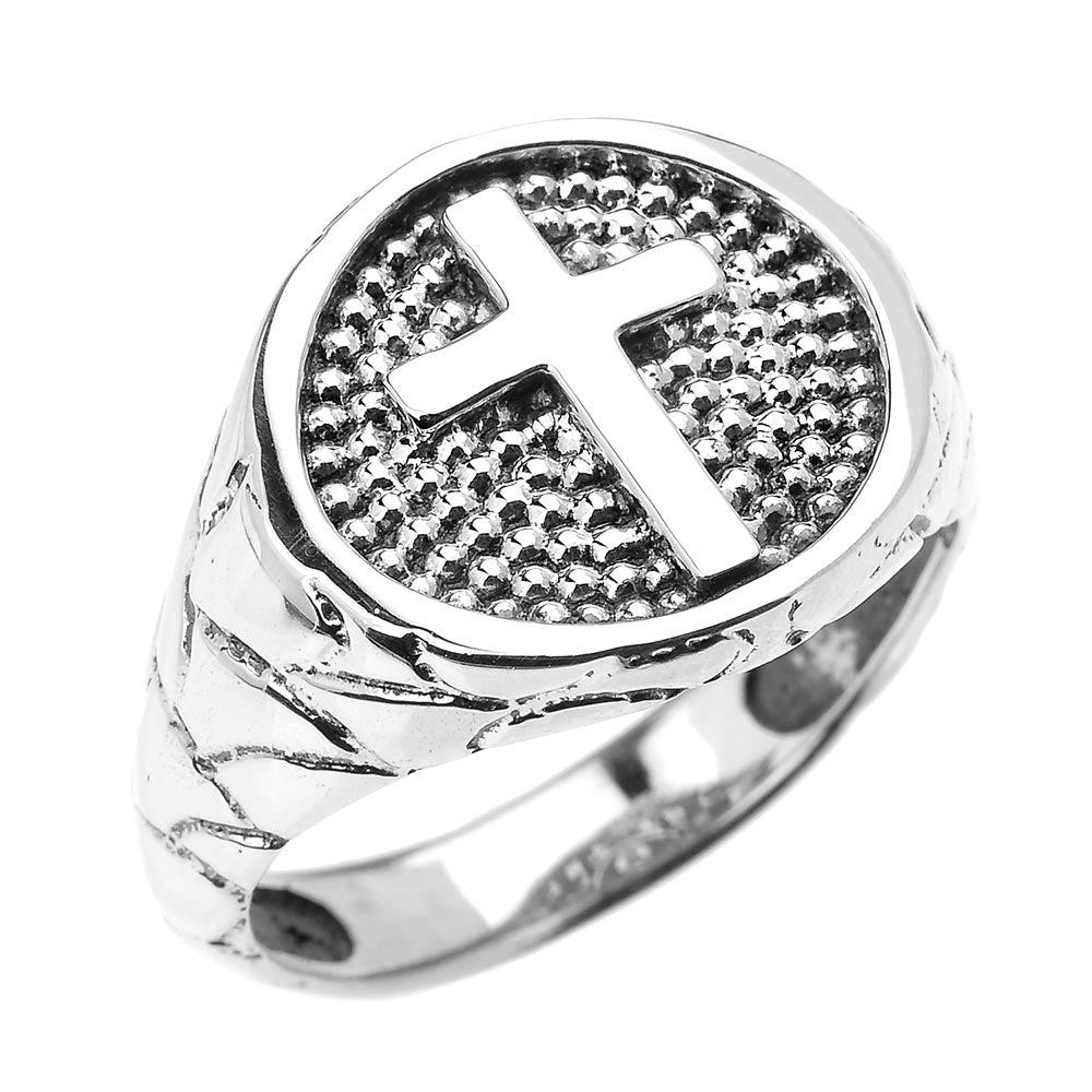 Sterling Silver Textured Band Christian Religious Cross Men's Ring