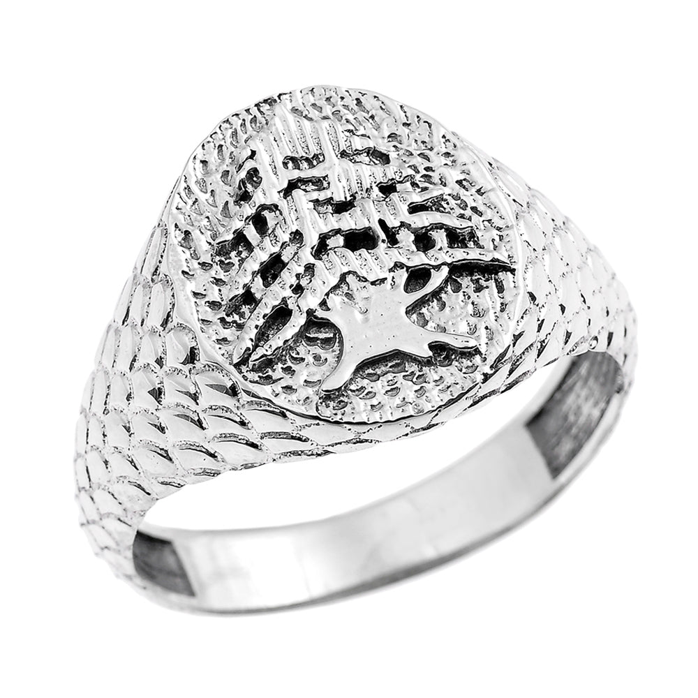 Sterling Silver Textured Band Lebanese Cedar Tree Men's Ring