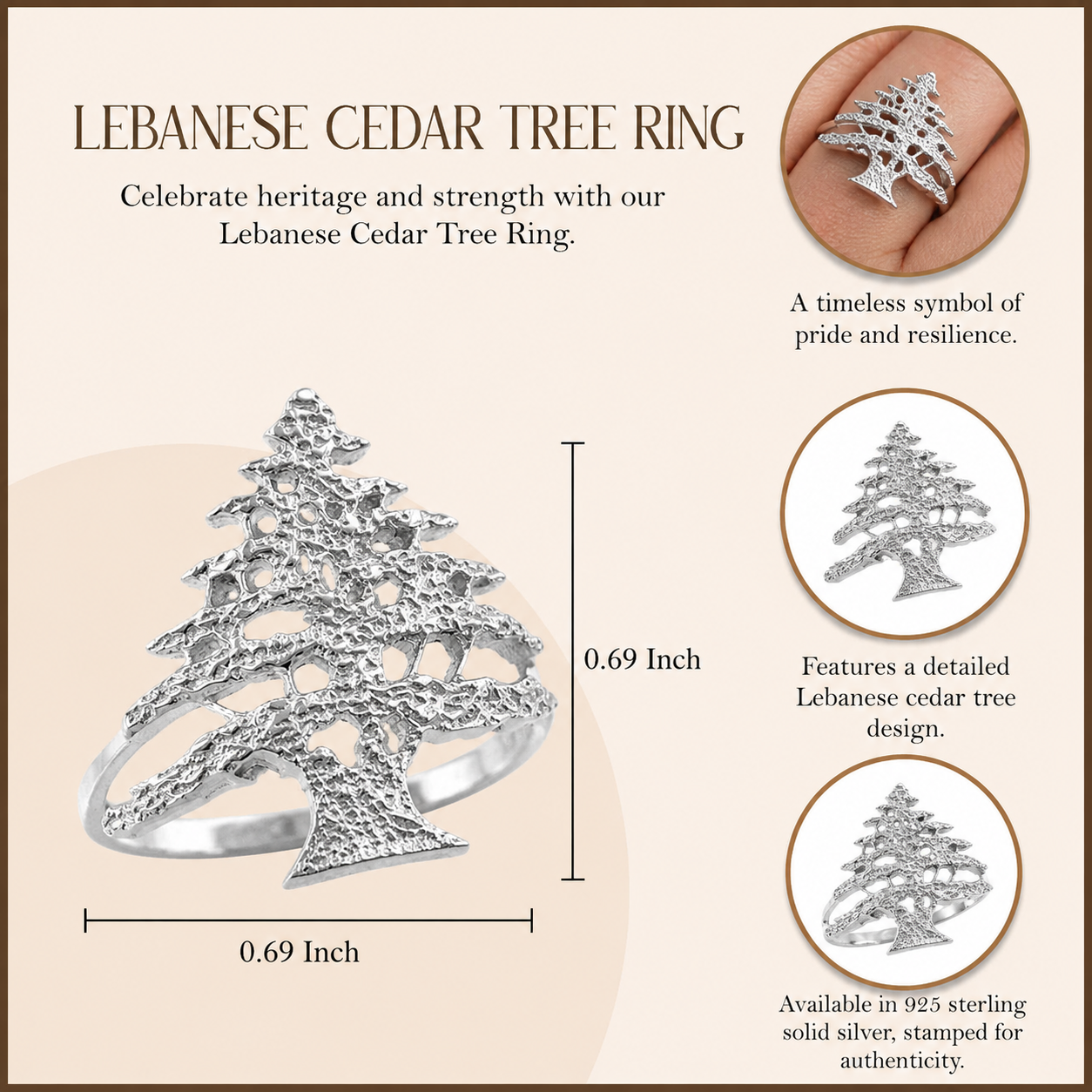 Sterling Silver Textured Band Lebanese Cedar Tree Women's Ring, view 2
