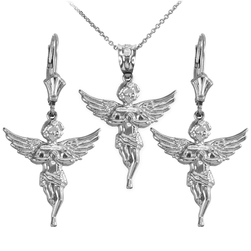 Sterling Silver Textured Praying Angel Necklace Earring Set
