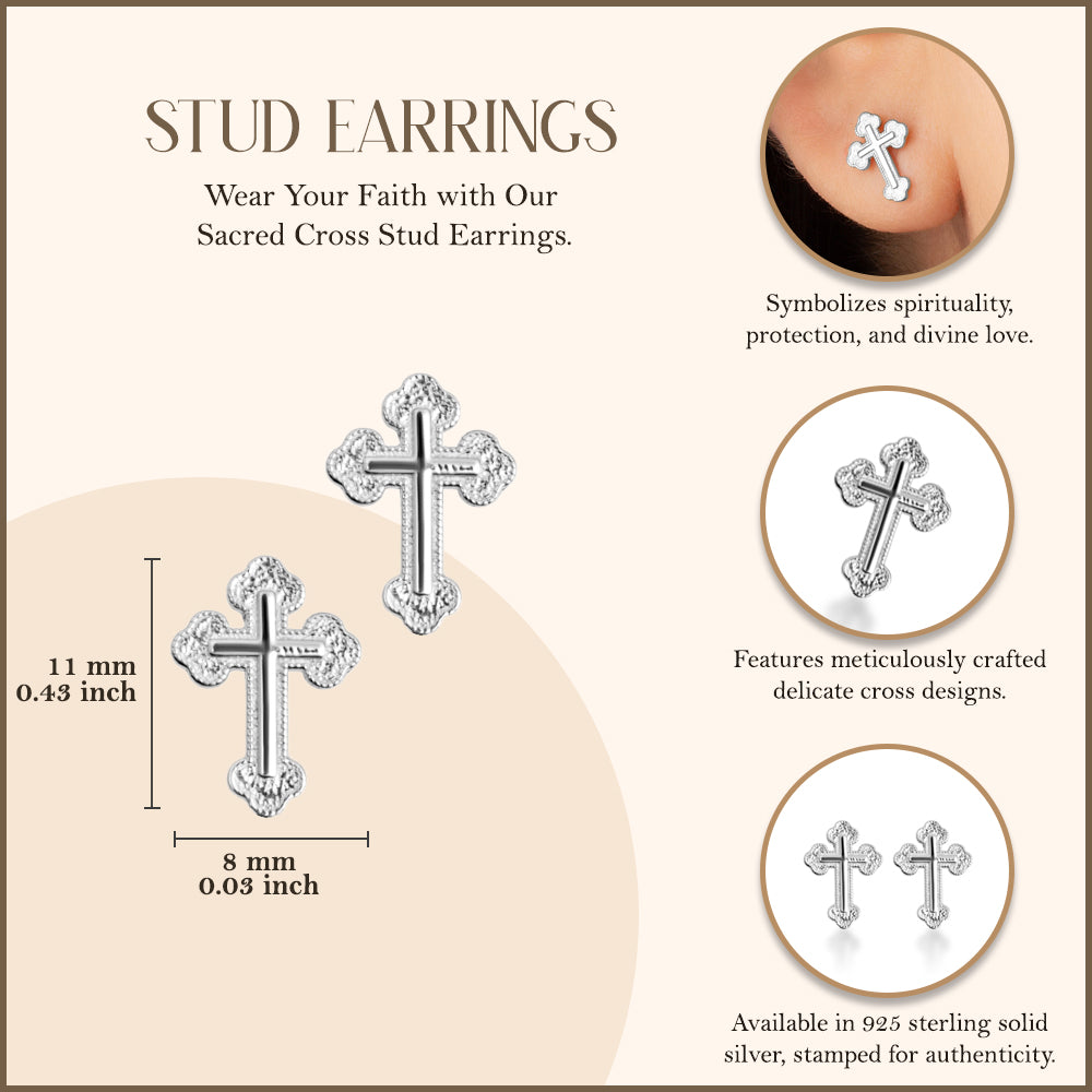 Sterling Silver Textured Sacred Cross Stud Earrings, view 3