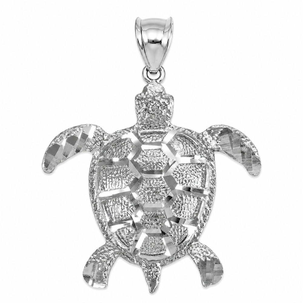 Sterling Silver Textured Style Sea Turtle Pendant Necklace