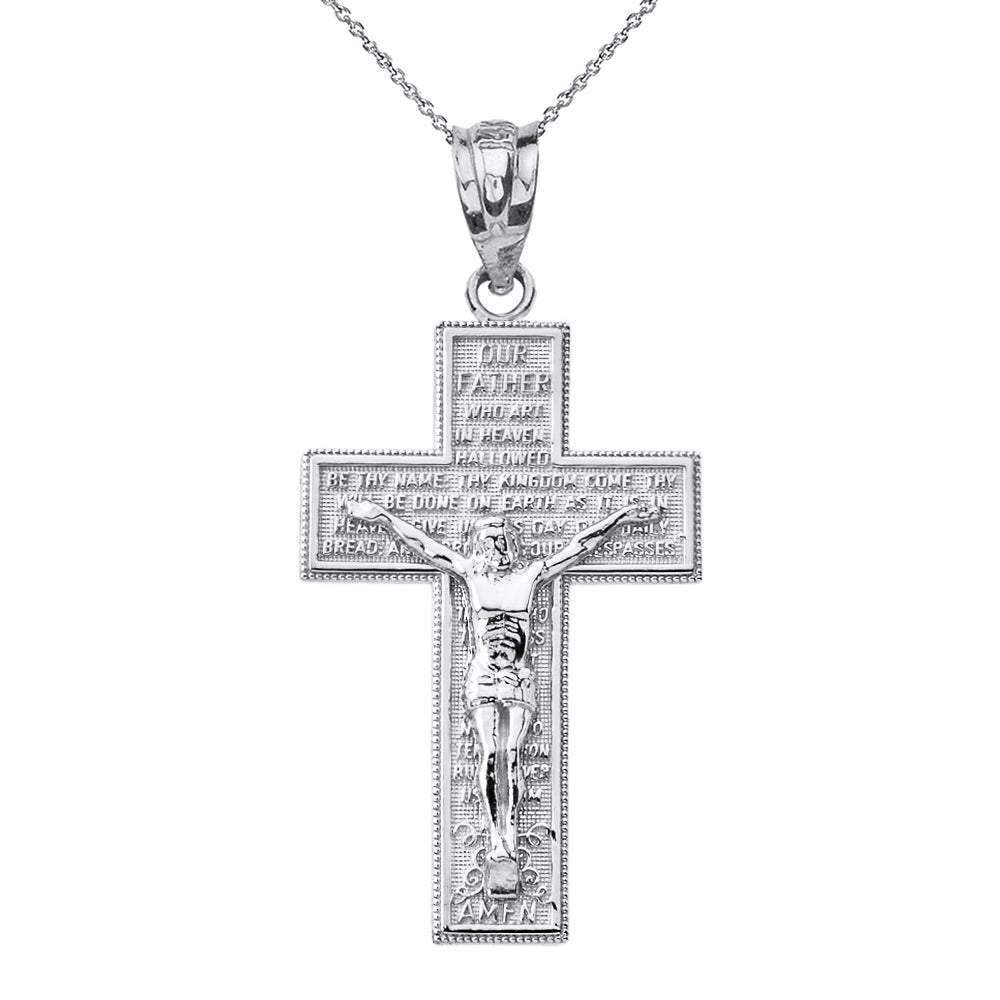 Sterling Silver The Lord's Our Father Prayer Crucifix Pendant Necklace