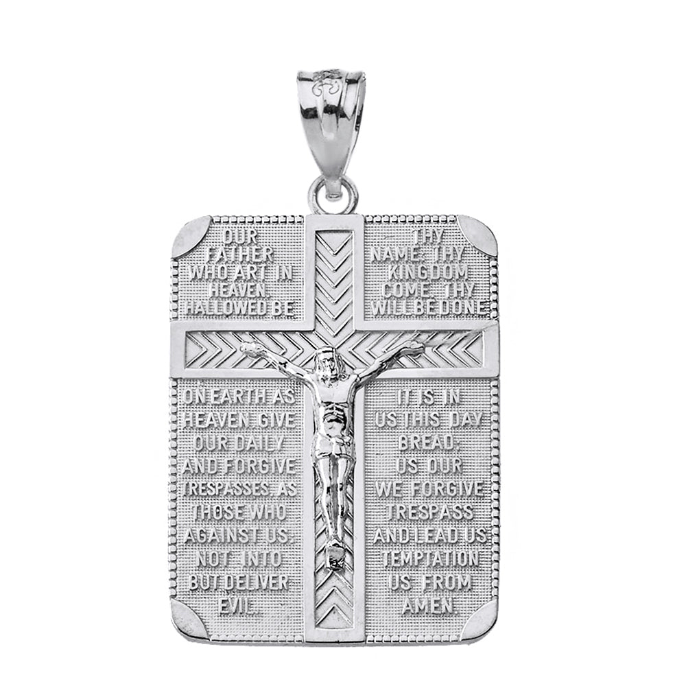 Sterling Silver The Lord's Our Father Prayer Crucifix Rectangular Tag Pendant Necklace, view 2