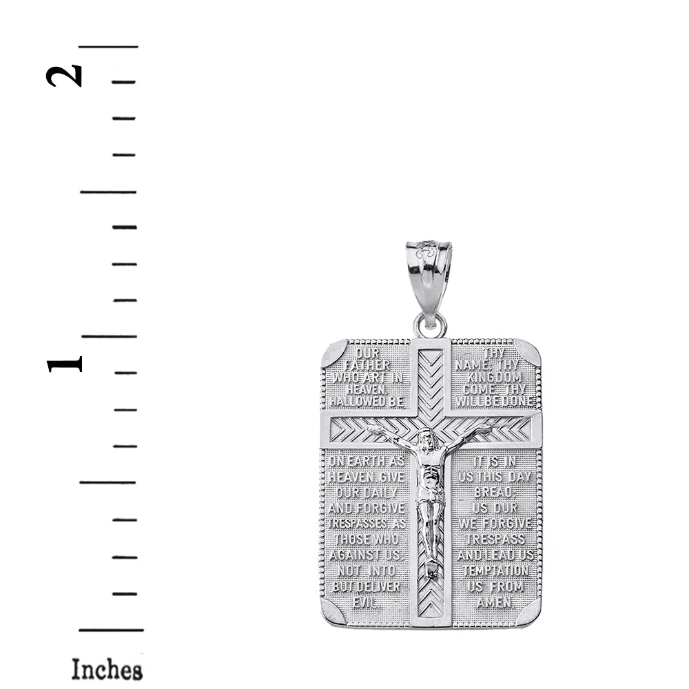 Sterling Silver The Lord's Our Father Prayer Crucifix Rectangular Tag Pendant Necklace, view 3